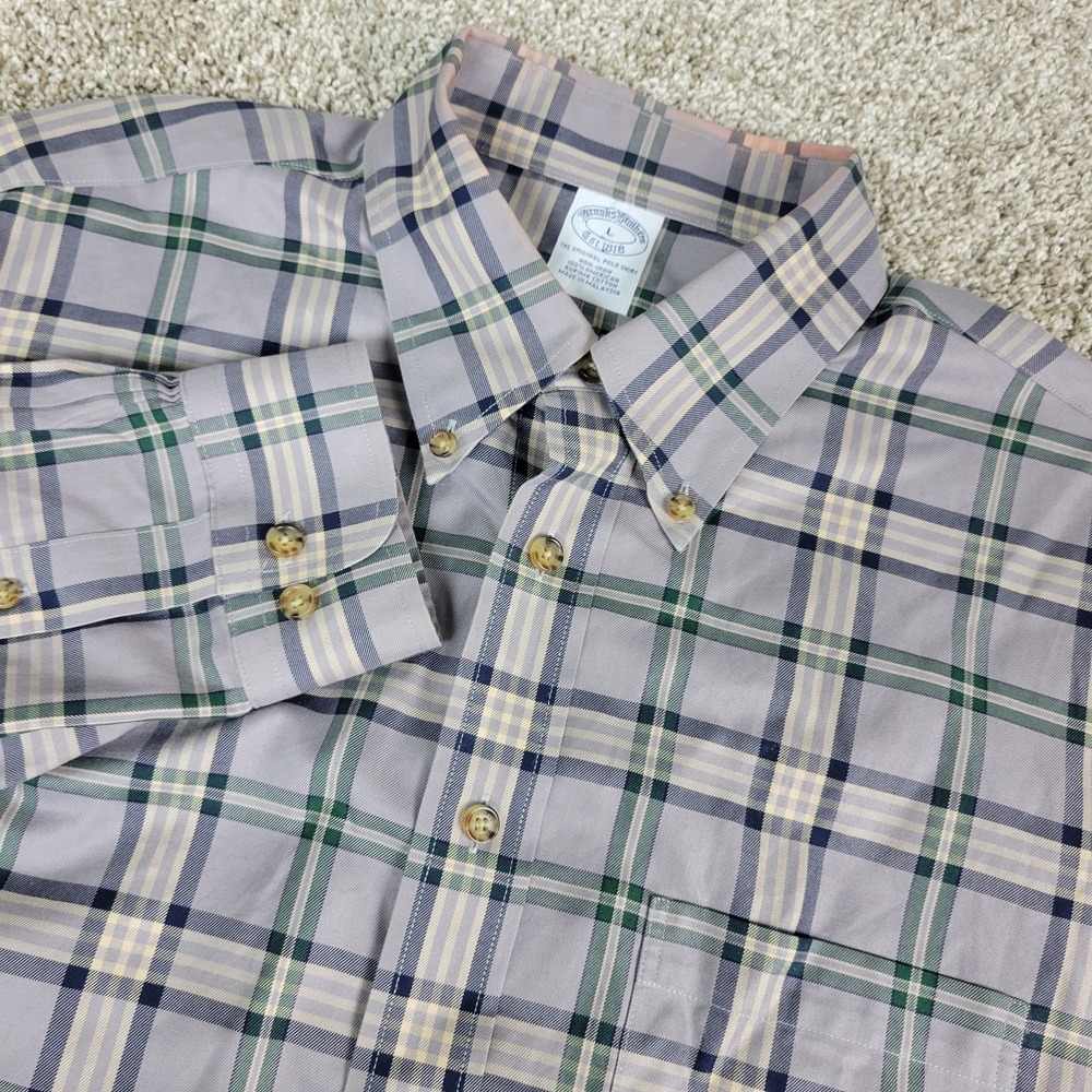 Brooks Brothers Mens Large Gray Plaid Button Down Long Sleeve Supima